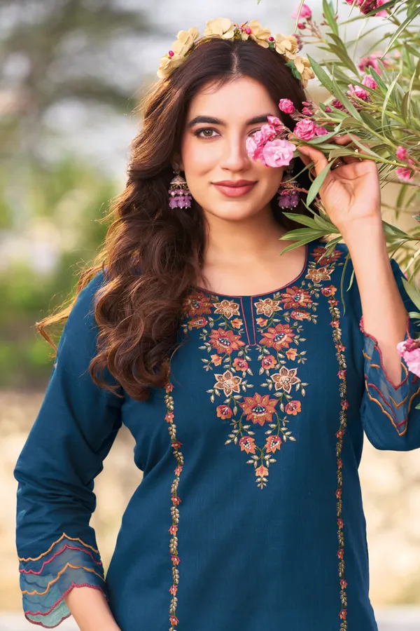 Women_Teal_Blue_Floral_Embroidered_Straight_Kurta_|_Premium_Pure_Cotton_Linen_Kurta