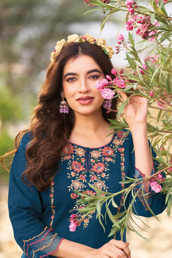 Women_Teal_Blue_Floral_Embroidered_Straight_Kurta_|_Premium_Pure_Cotton_Linen_Kurta