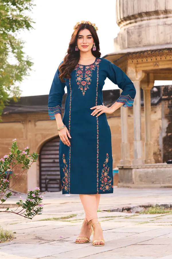 Women_Teal_Blue_Floral_Embroidered_Straight_Kurta_|_Premium_Pure_Cotton_Linen_Kurta