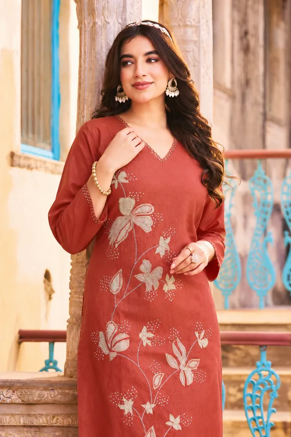 Women_Terracotta_Floral_Embroidered_Kurta_|_Elegant_Cotton_Linen_Ethnic_Kurti