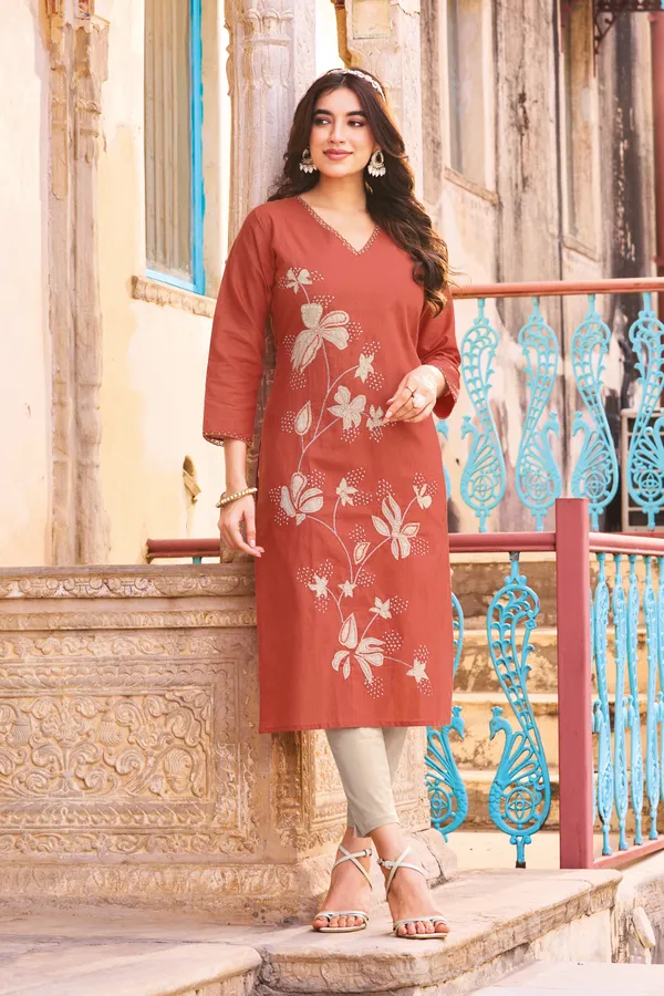 Women_Terracotta_Floral_Embroidered_Kurta_|_Elegant_Cotton_Linen_Ethnic_Kurti