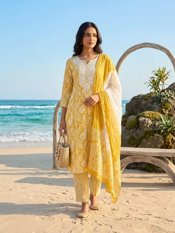 Women_Yellow_&_White_Paisley_Printed_Cotton_Suit_Set_|_Straight_Kurta_with_Zig-Zag_Pants_&_Dual-Tone_Dupatta