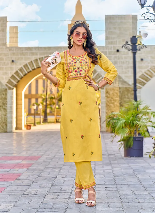 Yellow_Floral_Embroidered_Pure_Cotton_Linen_Kurta_Pant_Set