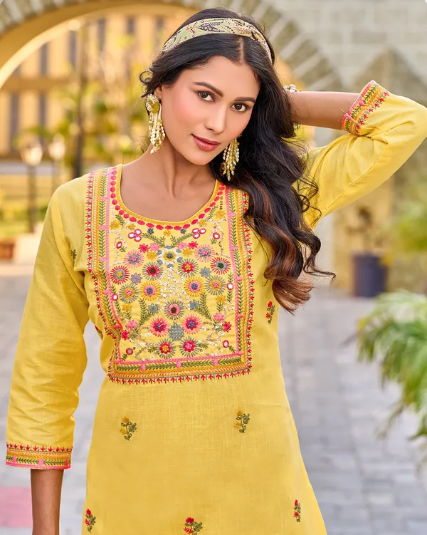Yellow_Floral_Embroidered_Pure_Cotton_Linen_Kurta_Pant_Set