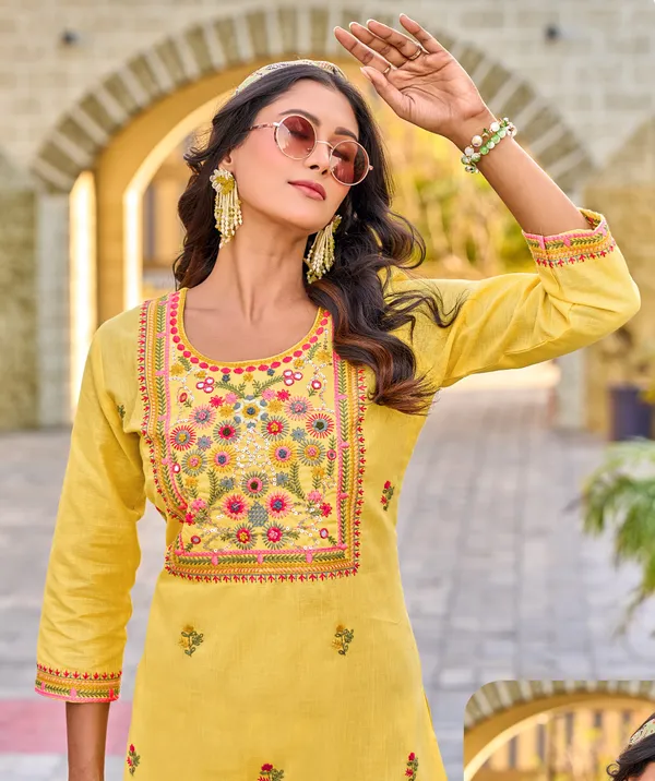 Yellow_Floral_Embroidered_Pure_Cotton_Linen_Kurta_Pant_Set