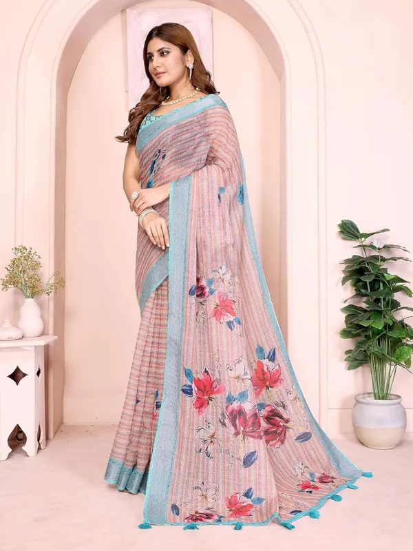 Women's_Linen_Cotton_Saree_for_Women_|_Floral_&_Leaf_Print_|_Soft_&_Breathable_Fabric_|_For_Traditional,_Festive_&_Wedding_|_5.5m_Saree_+_0.8m_Blouse_Piece_(Beige_with_Aqua_Blue)