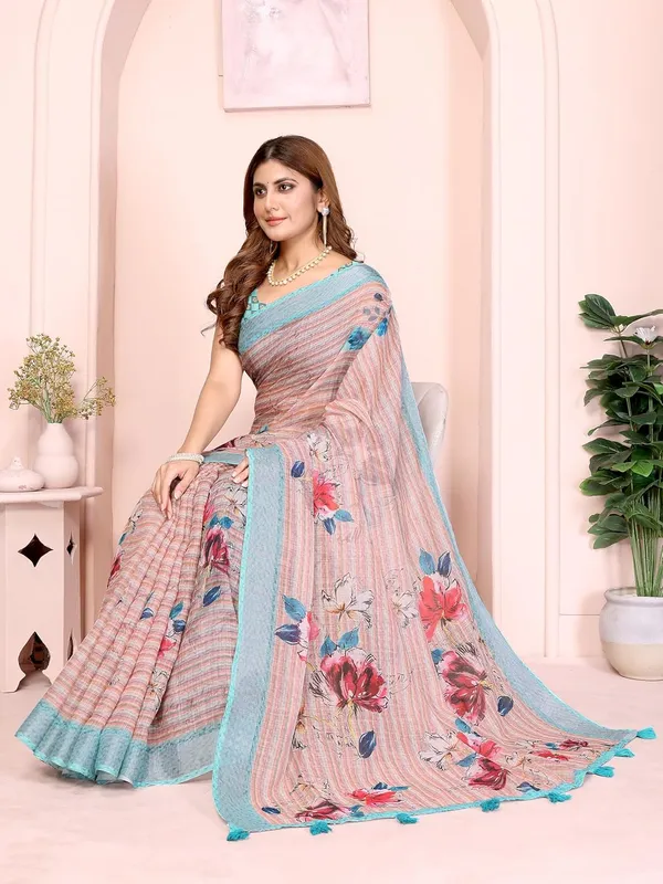 Women's_Linen_Cotton_Saree_for_Women_|_Floral_&_Leaf_Print_|_Soft_&_Breathable_Fabric_|_For_Traditional,_Festive_&_Wedding_|_5.5m_Saree_+_0.8m_Blouse_Piece_(Beige_with_Aqua_Blue)