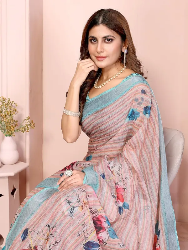 Women's_Linen_Cotton_Saree_for_Women_|_Floral_&_Leaf_Print_|_Soft_&_Breathable_Fabric_|_For_Traditional,_Festive_&_Wedding_|_5.5m_Saree_+_0.8m_Blouse_Piece_(Beige_with_Aqua_Blue)