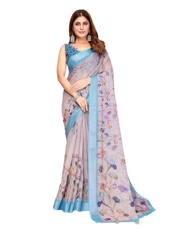 Women's_Linen_Cotton_Saree_for_Women_|_Floral_&_Leaf_Print_|_Soft_&_Breathable_Fabric_|_For_Traditional,_Festive_&_Wedding_|_5.5m_Saree_+_0.8m_Blouse_Piece_(Light_Grey_with_Sky_Blue)