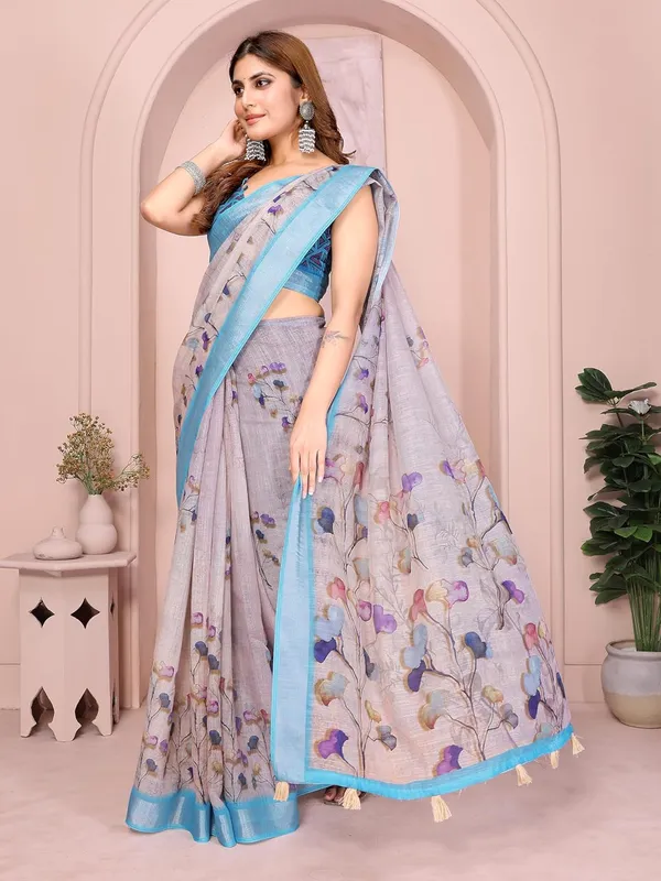Women's_Linen_Cotton_Saree_for_Women_|_Floral_&_Leaf_Print_|_Soft_&_Breathable_Fabric_|_For_Traditional,_Festive_&_Wedding_|_5.5m_Saree_+_0.8m_Blouse_Piece_(Light_Grey_with_Sky_Blue)