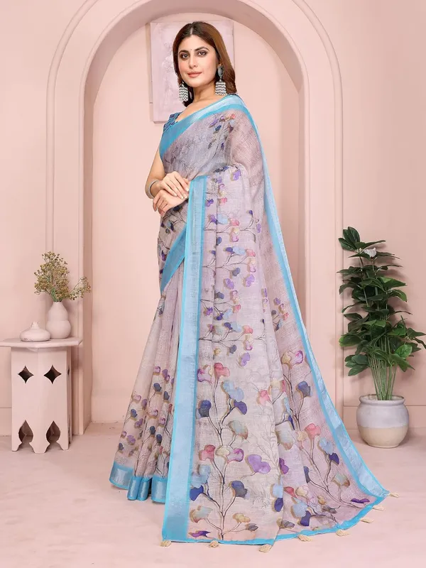 Women's_Linen_Cotton_Saree_for_Women_|_Floral_&_Leaf_Print_|_Soft_&_Breathable_Fabric_|_For_Traditional,_Festive_&_Wedding_|_5.5m_Saree_+_0.8m_Blouse_Piece_(Light_Grey_with_Sky_Blue)