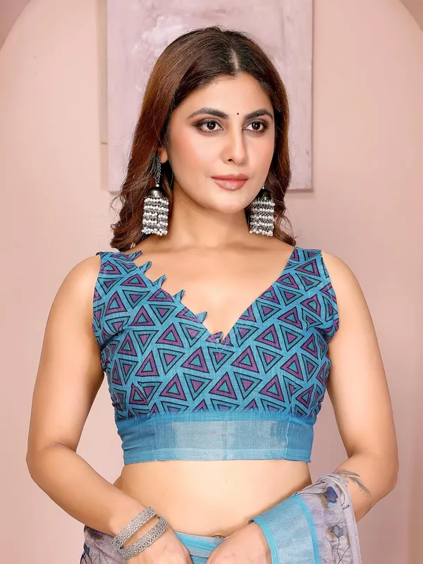 Women's_Linen_Cotton_Saree_for_Women_|_Floral_&_Leaf_Print_|_Soft_&_Breathable_Fabric_|_For_Traditional,_Festive_&_Wedding_|_5.5m_Saree_+_0.8m_Blouse_Piece_(Light_Grey_with_Sky_Blue)
