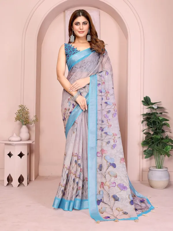 Women's_Linen_Cotton_Saree_for_Women_|_Floral_&_Leaf_Print_|_Soft_&_Breathable_Fabric_|_For_Traditional,_Festive_&_Wedding_|_5.5m_Saree_+_0.8m_Blouse_Piece_(Light_Grey_with_Sky_Blue)