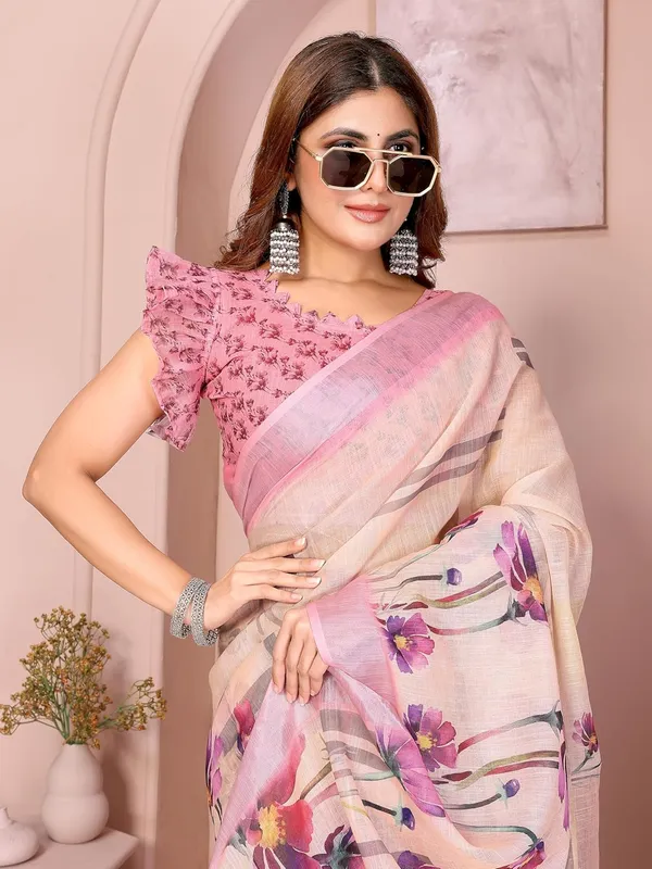Women's_Linen_Cotton_Saree_for_Women_|_Floral_&_Leaf_Print_|_Soft_&_Breathable_Fabric_|_For_Traditional,_Festive_&_Wedding_|_5.5m_Saree_+_0.8m_Blouse_Piece_(Beige_with_Pink)
