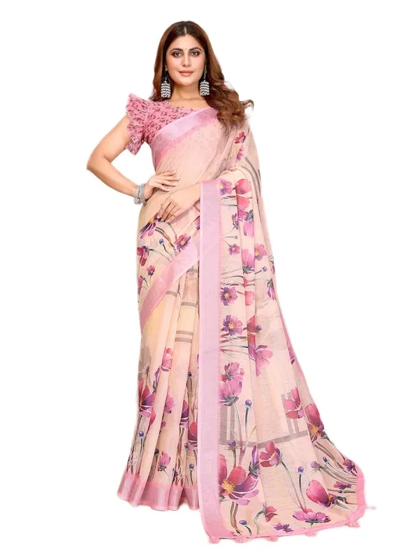 Women's_Linen_Cotton_Saree_for_Women_|_Floral_&_Leaf_Print_|_Soft_&_Breathable_Fabric_|_For_Traditional,_Festive_&_Wedding_|_5.5m_Saree_+_0.8m_Blouse_Piece_(Beige_with_Pink)