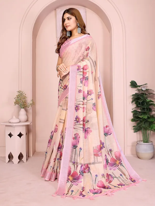 Women's_Linen_Cotton_Saree_for_Women_|_Floral_&_Leaf_Print_|_Soft_&_Breathable_Fabric_|_For_Traditional,_Festive_&_Wedding_|_5.5m_Saree_+_0.8m_Blouse_Piece_(Beige_with_Pink)