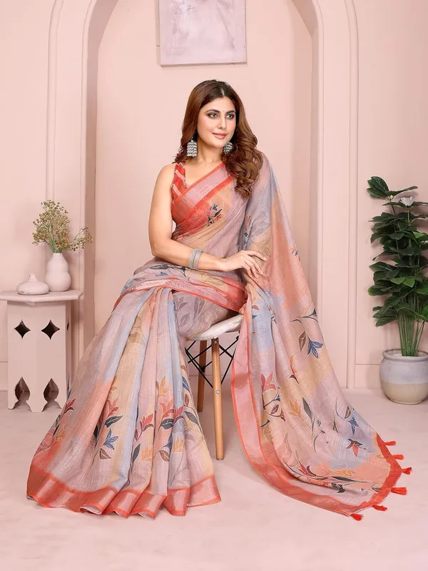 Women's_Linen_Cotton_Saree_for_Women_|_Floral_&_Leaf_Print_|_Soft_&_Breathable_Fabric_|_For_Traditional,_Festive_&_Wedding_|_5.5m_Saree_+_0.8m_Blouse_Piece_(Pastel_Grey_with_Coral)