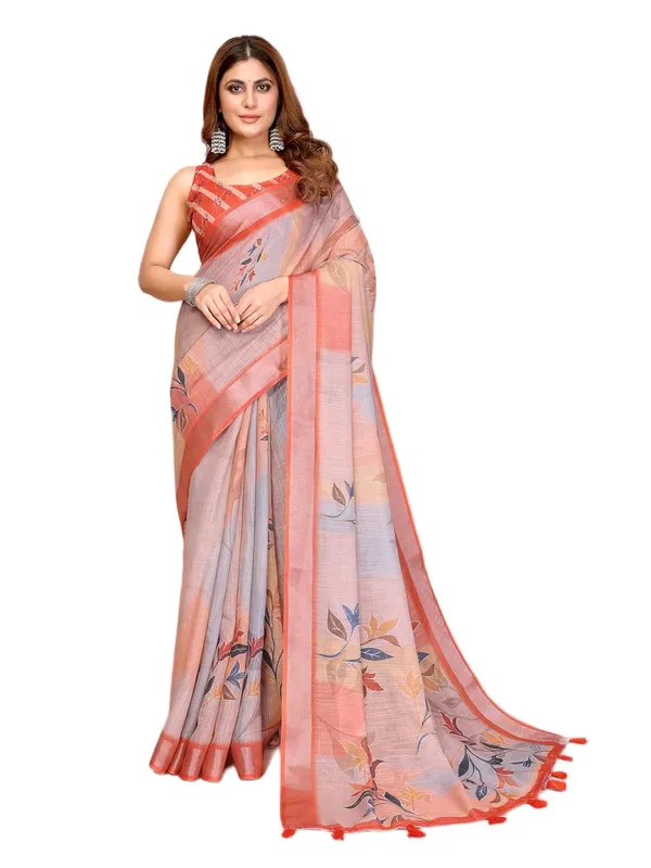 Women's_Linen_Cotton_Saree_for_Women_|_Floral_&_Leaf_Print_|_Soft_&_Breathable_Fabric_|_For_Traditional,_Festive_&_Wedding_|_5.5m_Saree_+_0.8m_Blouse_Piece_(Pastel_Grey_with_Coral)