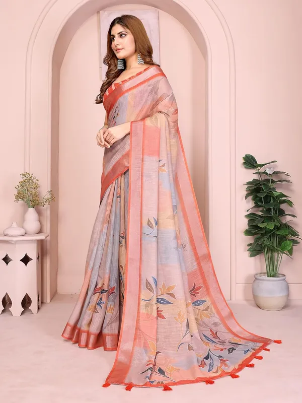 Women's_Linen_Cotton_Saree_for_Women_|_Floral_&_Leaf_Print_|_Soft_&_Breathable_Fabric_|_For_Traditional,_Festive_&_Wedding_|_5.5m_Saree_+_0.8m_Blouse_Piece_(Pastel_Grey_with_Coral)