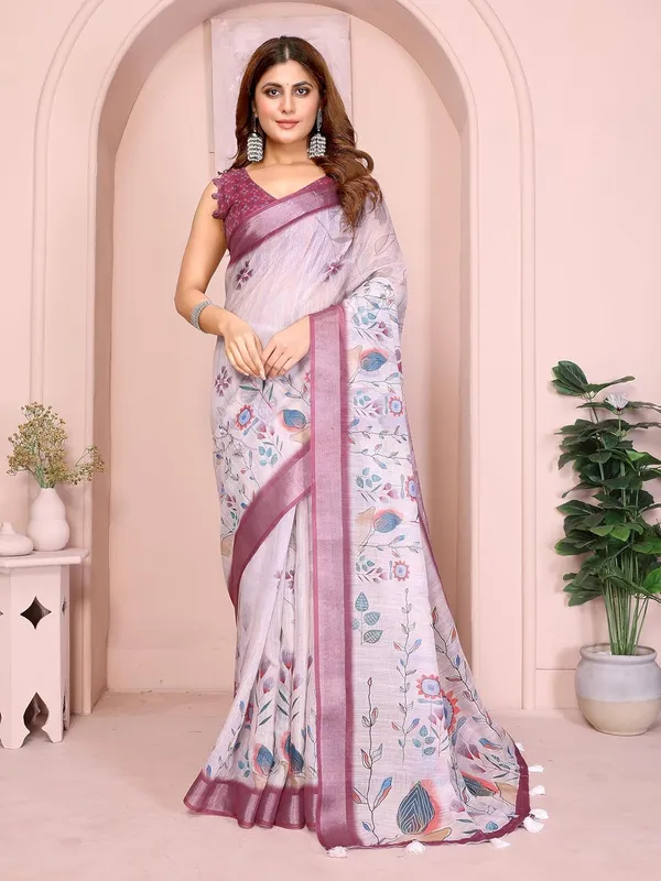 Women's_Linen_Cotton_Saree_for_Women_|_Floral_&_Leaf_Print_|_Soft_&_Breathable_Fabric_|_For_Traditional,_Festive_&_Wedding_|_5.5m_Saree_+_0.8m_Blouse_Piece_(Lavender_with_Wine-Purple)