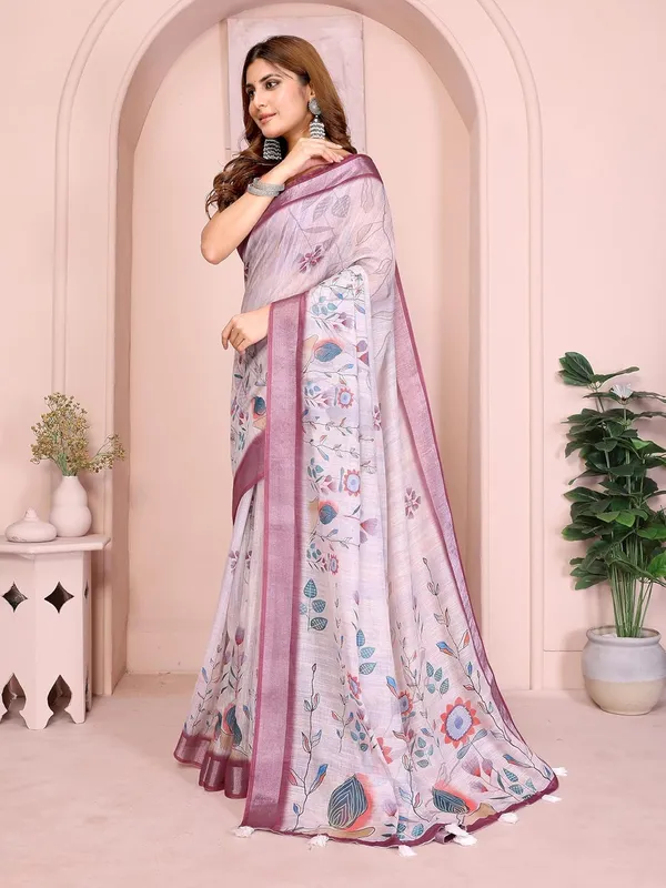 Women's_Linen_Cotton_Saree_for_Women_|_Floral_&_Leaf_Print_|_Soft_&_Breathable_Fabric_|_For_Traditional,_Festive_&_Wedding_|_5.5m_Saree_+_0.8m_Blouse_Piece_(Lavender_with_Wine-Purple)