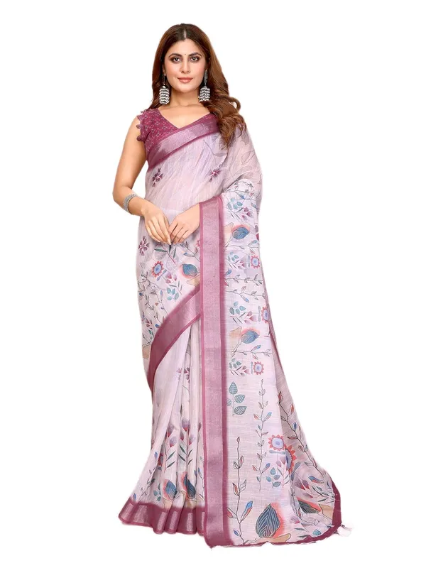 Women's_Linen_Cotton_Saree_for_Women_|_Floral_&_Leaf_Print_|_Soft_&_Breathable_Fabric_|_For_Traditional,_Festive_&_Wedding_|_5.5m_Saree_+_0.8m_Blouse_Piece_(Lavender_with_Wine-Purple)