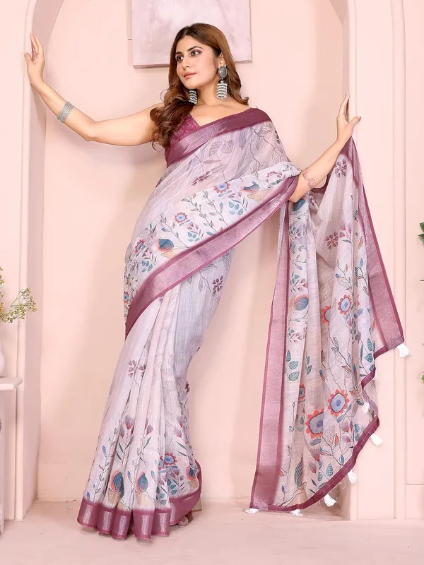Women's_Linen_Cotton_Saree_for_Women_|_Floral_&_Leaf_Print_|_Soft_&_Breathable_Fabric_|_For_Traditional,_Festive_&_Wedding_|_5.5m_Saree_+_0.8m_Blouse_Piece_(Lavender_with_Wine-Purple)