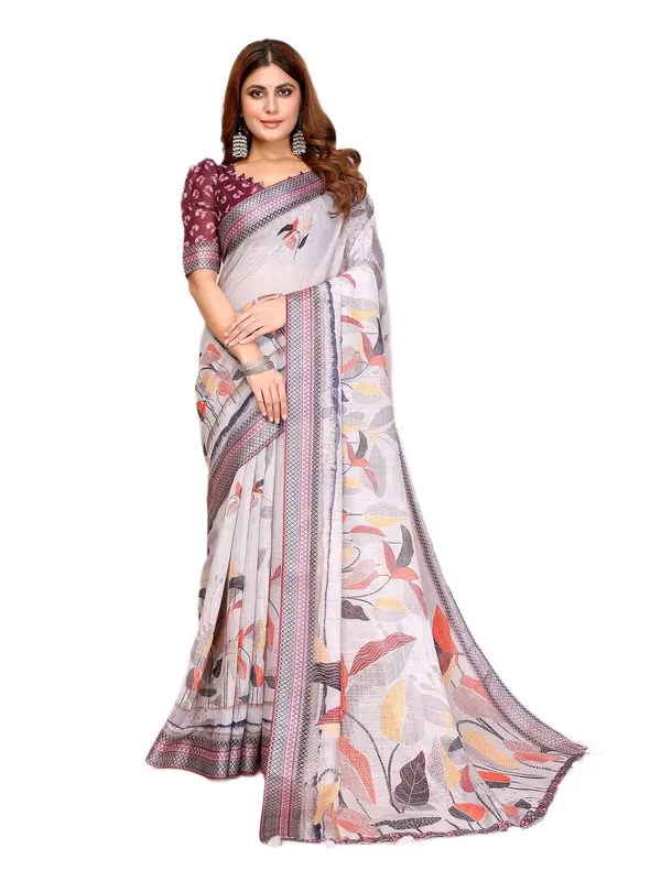 Women's_Linen_Cotton_Saree_for_Women_|_Floral_&_Leaf_Print_|_Soft_&_Breathable_Fabric_|_For_Traditional,_Festive_&_Wedding_|_5.5m_Saree_+_0.8m_Blouse_Piece_(Soft_Grey_with_Geometric)