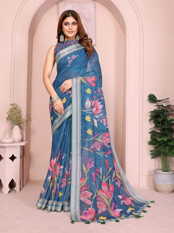 Women's_Linen_Cotton_Saree_for_Women_|_Floral_&_Leaf_Print_|_Soft_&_Breathable_Fabric_|_For_Traditional,_Festive_&_Wedding_|_5.5m_Saree_+_0.8m_Blouse_Piece_(Teal_with_Green-Blue)