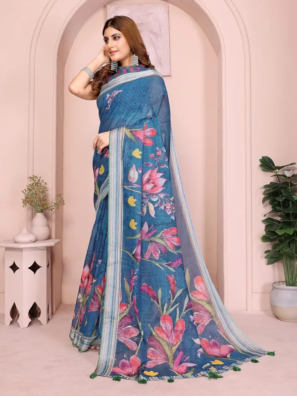 Women's_Linen_Cotton_Saree_for_Women_|_Floral_&_Leaf_Print_|_Soft_&_Breathable_Fabric_|_For_Traditional,_Festive_&_Wedding_|_5.5m_Saree_+_0.8m_Blouse_Piece_(Teal_with_Green-Blue)