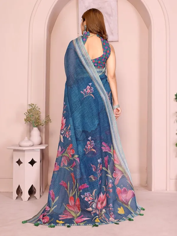 Women's_Linen_Cotton_Saree_for_Women_|_Floral_&_Leaf_Print_|_Soft_&_Breathable_Fabric_|_For_Traditional,_Festive_&_Wedding_|_5.5m_Saree_+_0.8m_Blouse_Piece_(Teal_with_Green-Blue)