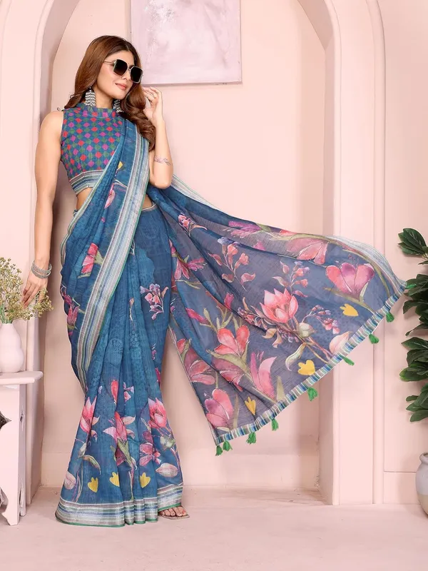 Women's_Linen_Cotton_Saree_for_Women_|_Floral_&_Leaf_Print_|_Soft_&_Breathable_Fabric_|_For_Traditional,_Festive_&_Wedding_|_5.5m_Saree_+_0.8m_Blouse_Piece_(Teal_with_Green-Blue)