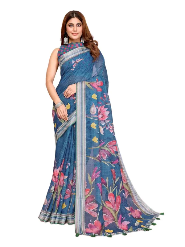 Women's_Linen_Cotton_Saree_for_Women_|_Floral_&_Leaf_Print_|_Soft_&_Breathable_Fabric_|_For_Traditional,_Festive_&_Wedding_|_5.5m_Saree_+_0.8m_Blouse_Piece_(Teal_with_Green-Blue)