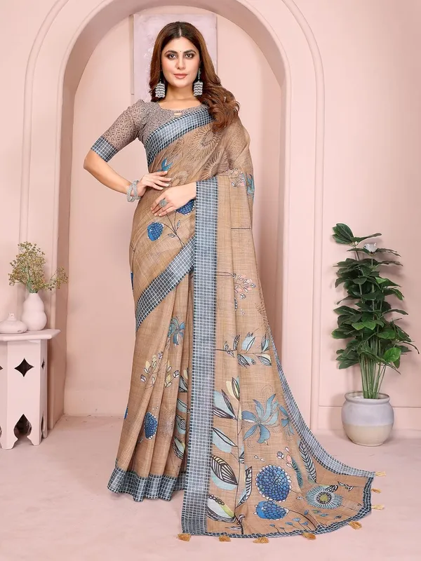 Women's_Linen_Cotton_Saree_for_Women_|_Floral_&_Leaf_Print_|_Soft_&_Breathable_Fabric_|_For_Traditional,_Festive_&_Wedding_|_5.5m_Saree_+_0.8m_Blouse_Piece_(Beige_with_Blue)