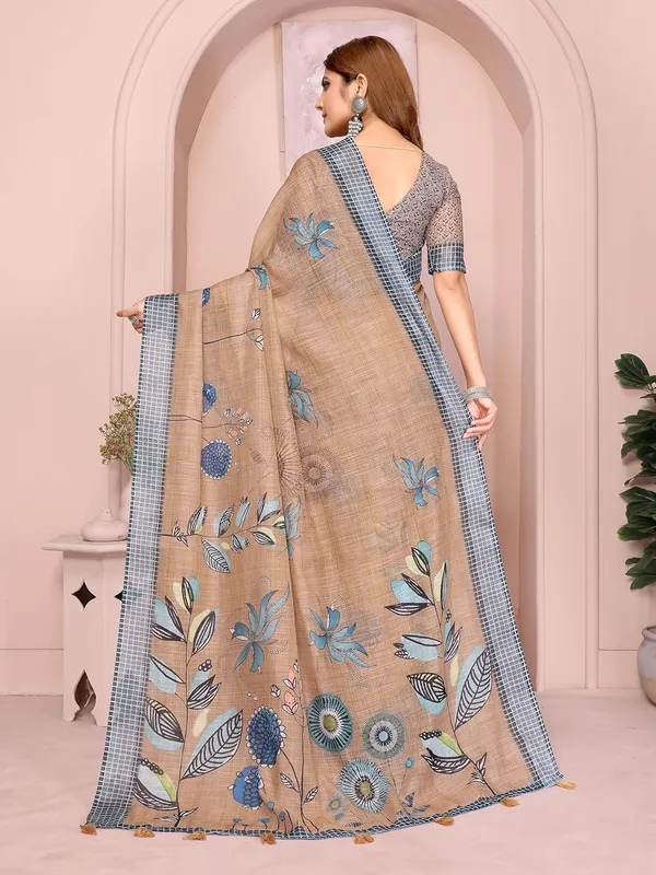 Women's_Linen_Cotton_Saree_for_Women_|_Floral_&_Leaf_Print_|_Soft_&_Breathable_Fabric_|_For_Traditional,_Festive_&_Wedding_|_5.5m_Saree_+_0.8m_Blouse_Piece_(Beige_with_Blue)