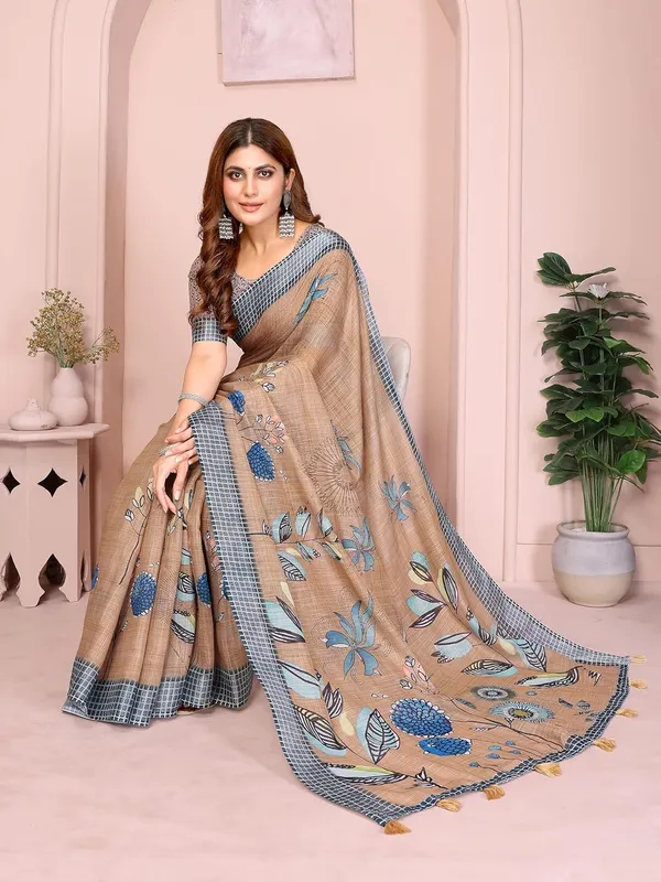 Women's_Linen_Cotton_Saree_for_Women_|_Floral_&_Leaf_Print_|_Soft_&_Breathable_Fabric_|_For_Traditional,_Festive_&_Wedding_|_5.5m_Saree_+_0.8m_Blouse_Piece_(Beige_with_Blue)
