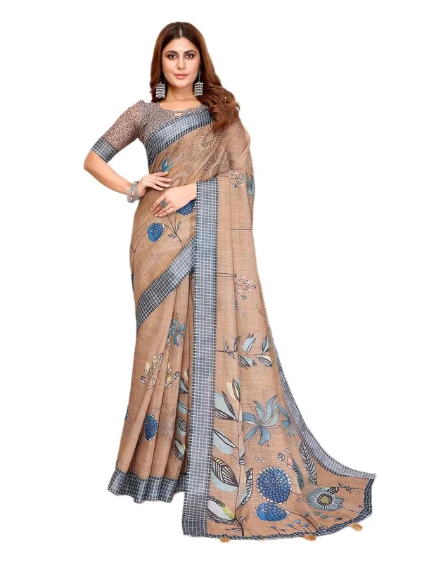 Women's_Linen_Cotton_Saree_for_Women_|_Floral_&_Leaf_Print_|_Soft_&_Breathable_Fabric_|_For_Traditional,_Festive_&_Wedding_|_5.5m_Saree_+_0.8m_Blouse_Piece_(Beige_with_Blue)