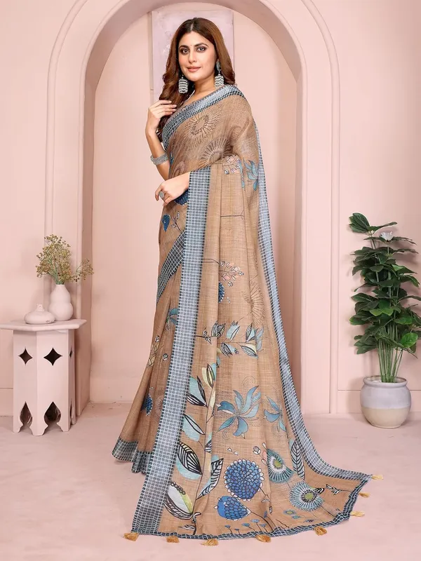 Women's_Linen_Cotton_Saree_for_Women_|_Floral_&_Leaf_Print_|_Soft_&_Breathable_Fabric_|_For_Traditional,_Festive_&_Wedding_|_5.5m_Saree_+_0.8m_Blouse_Piece_(Beige_with_Blue)