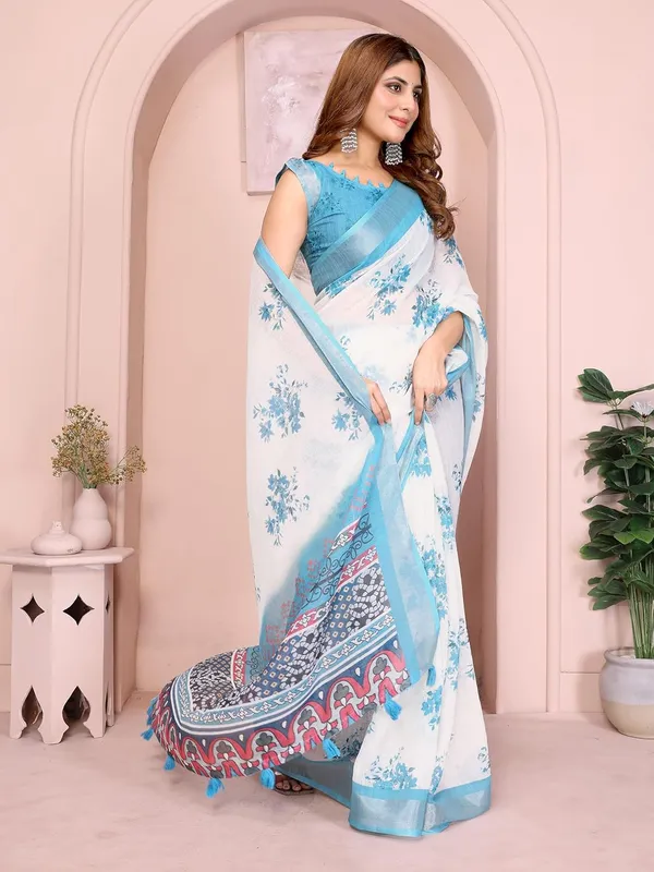 Women's_Linen_Cotton_Saree_for_Women_|_Floral_&_Leaf_Print_|_Soft_&_Breathable_Fabric_|_For_Traditional,_Festive_&_Wedding_|_5.5m_Saree_+_0.8m_Blouse_Piece_(White_with_Sky_Blue)