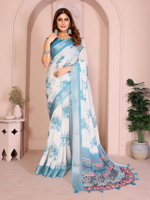Women's_Linen_Cotton_Saree_for_Women_|_Floral_&_Leaf_Print_|_Soft_&_Breathable_Fabric_|_For_Traditional,_Festive_&_Wedding_|_5.5m_Saree_+_0.8m_Blouse_Piece_(White_with_Sky_Blue)