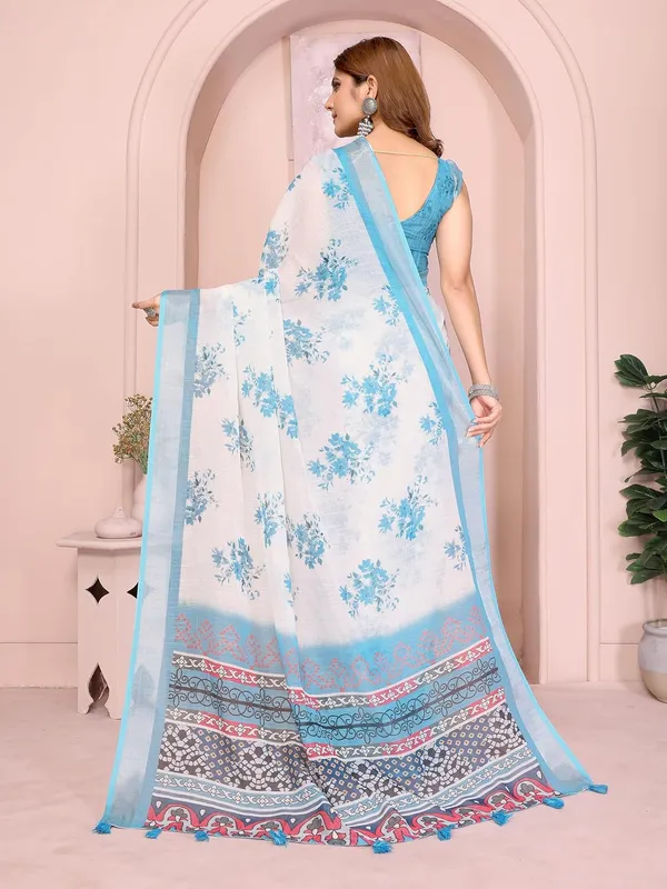 Women's_Linen_Cotton_Saree_for_Women_|_Floral_&_Leaf_Print_|_Soft_&_Breathable_Fabric_|_For_Traditional,_Festive_&_Wedding_|_5.5m_Saree_+_0.8m_Blouse_Piece_(White_with_Sky_Blue)