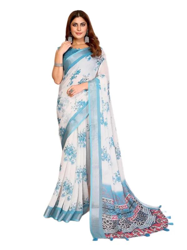 Women's_Linen_Cotton_Saree_for_Women_|_Floral_&_Leaf_Print_|_Soft_&_Breathable_Fabric_|_For_Traditional,_Festive_&_Wedding_|_5.5m_Saree_+_0.8m_Blouse_Piece_(White_with_Sky_Blue)