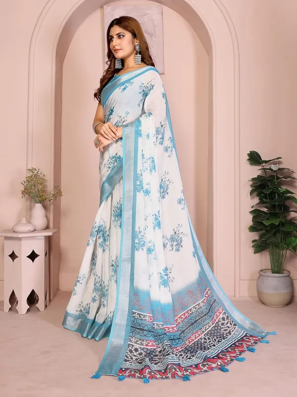 Women's_Linen_Cotton_Saree_for_Women_|_Floral_&_Leaf_Print_|_Soft_&_Breathable_Fabric_|_For_Traditional,_Festive_&_Wedding_|_5.5m_Saree_+_0.8m_Blouse_Piece_(White_with_Sky_Blue)