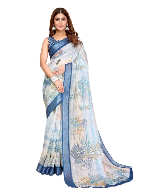 Women's_Linen_Cotton_Saree_for_Women_|_Floral_&_Leaf_Print_|_Soft_&_Breathable_Fabric_|_For_Traditional,_Festive_&_Wedding_|_5.5m_Saree_+_0.8m_Blouse_Piece_(Pastel_Blue_with_Deep_Blue)