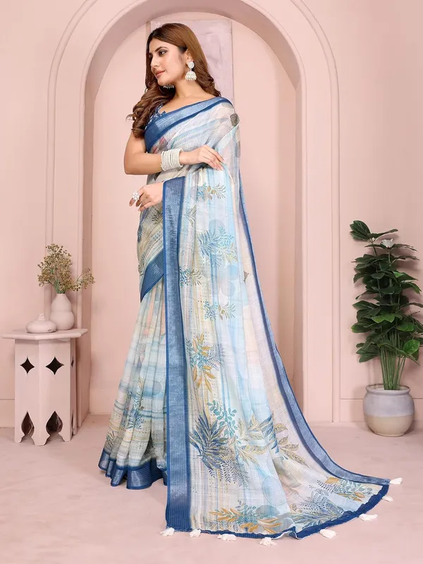 Women's_Linen_Cotton_Saree_for_Women_|_Floral_&_Leaf_Print_|_Soft_&_Breathable_Fabric_|_For_Traditional,_Festive_&_Wedding_|_5.5m_Saree_+_0.8m_Blouse_Piece_(Pastel_Blue_with_Deep_Blue)