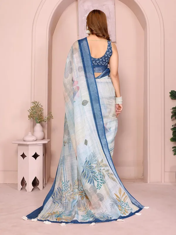 Women's_Linen_Cotton_Saree_for_Women_|_Floral_&_Leaf_Print_|_Soft_&_Breathable_Fabric_|_For_Traditional,_Festive_&_Wedding_|_5.5m_Saree_+_0.8m_Blouse_Piece_(Pastel_Blue_with_Deep_Blue)