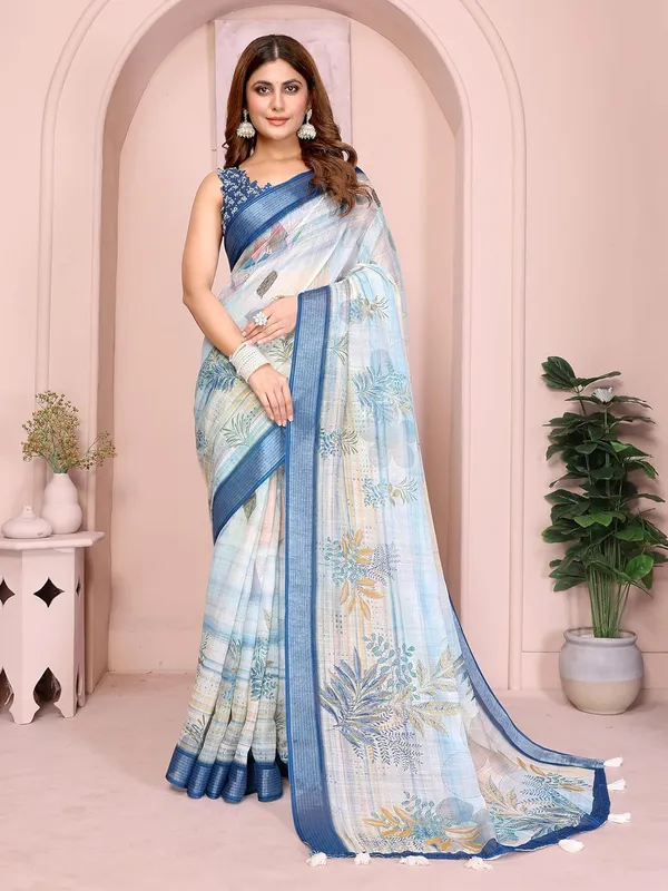 Women's_Linen_Cotton_Saree_for_Women_|_Floral_&_Leaf_Print_|_Soft_&_Breathable_Fabric_|_For_Traditional,_Festive_&_Wedding_|_5.5m_Saree_+_0.8m_Blouse_Piece_(Pastel_Blue_with_Deep_Blue)