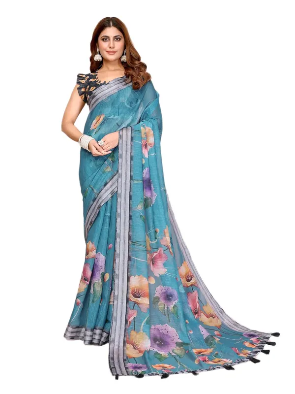 Women's_Linen_Cotton_Saree_for_Women_|_Floral_&_Leaf_Print_|_Soft_&_Breathable_Fabric_|_For_Traditional,_Festive_&_Wedding_|_5.5m_Saree_+_0.8m_Blouse_Piece_(Teal_with_Grey)