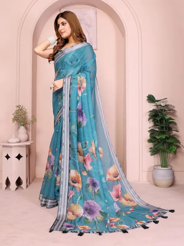 Women's_Linen_Cotton_Saree_for_Women_|_Floral_&_Leaf_Print_|_Soft_&_Breathable_Fabric_|_For_Traditional,_Festive_&_Wedding_|_5.5m_Saree_+_0.8m_Blouse_Piece_(Teal_with_Grey)