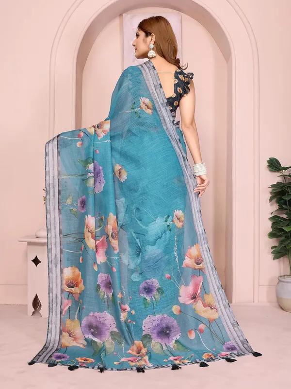 Women's_Linen_Cotton_Saree_for_Women_|_Floral_&_Leaf_Print_|_Soft_&_Breathable_Fabric_|_For_Traditional,_Festive_&_Wedding_|_5.5m_Saree_+_0.8m_Blouse_Piece_(Teal_with_Grey)